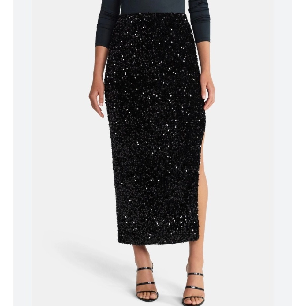 Madden NYC Black Sequin Velour Maxi Skirt Side Slit Womens Large - Picture 10 of 10